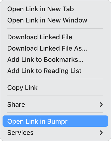 Safari right-click context menu showing Open Link in Bumpr option