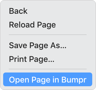 Safari right-click context menu on page showing Open Page in Bumpr option