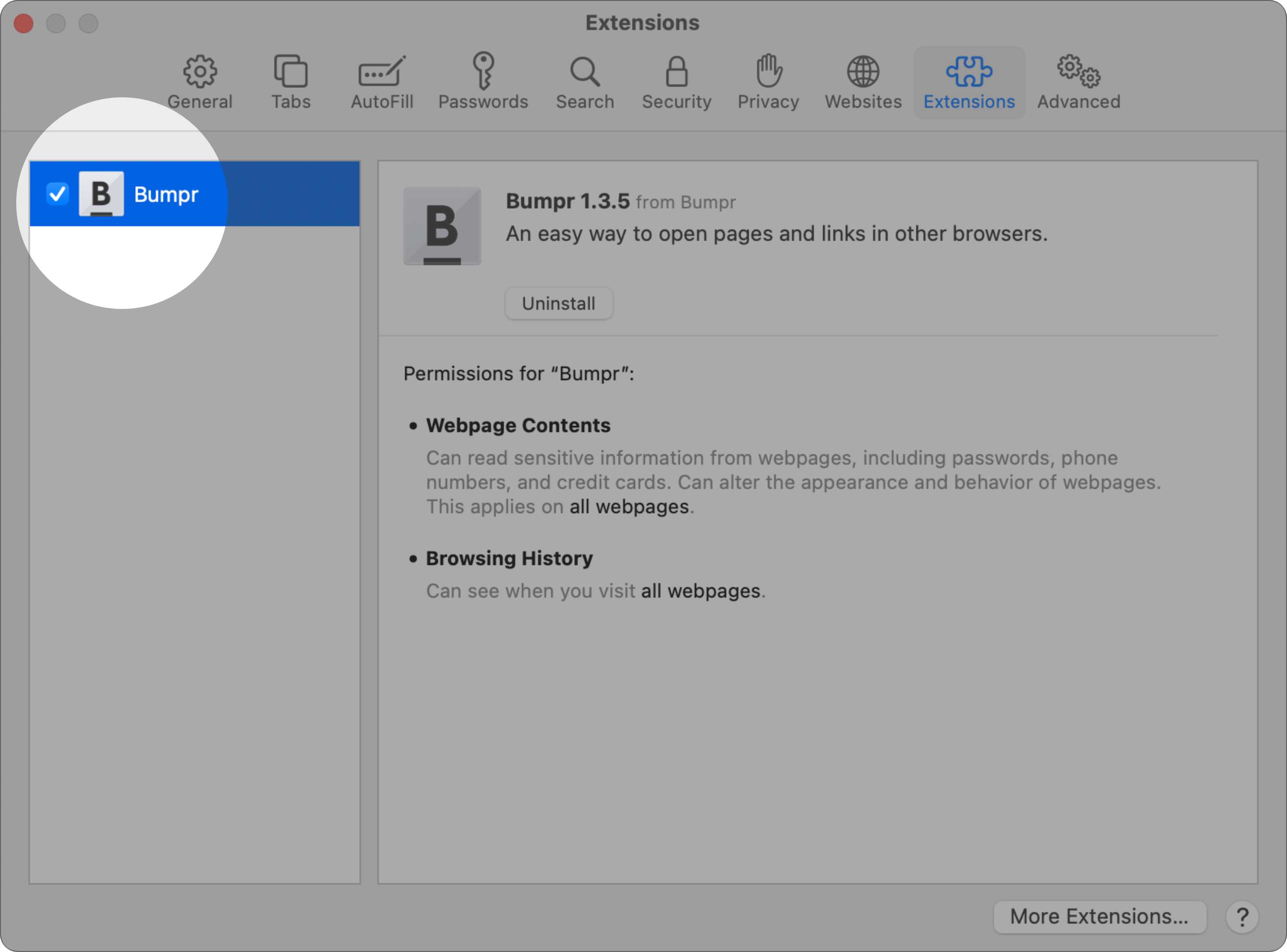 Safari Preferences window showing the Extensions pane with Bumpr listed